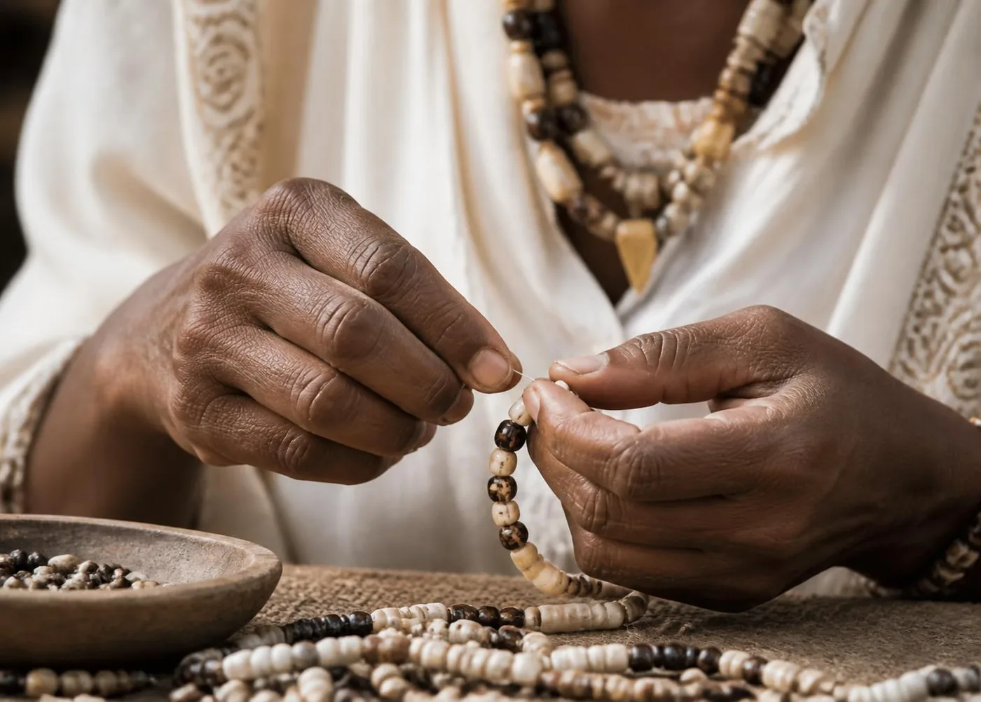 Mama Jane threading traditional glass seed beads in Nairobi