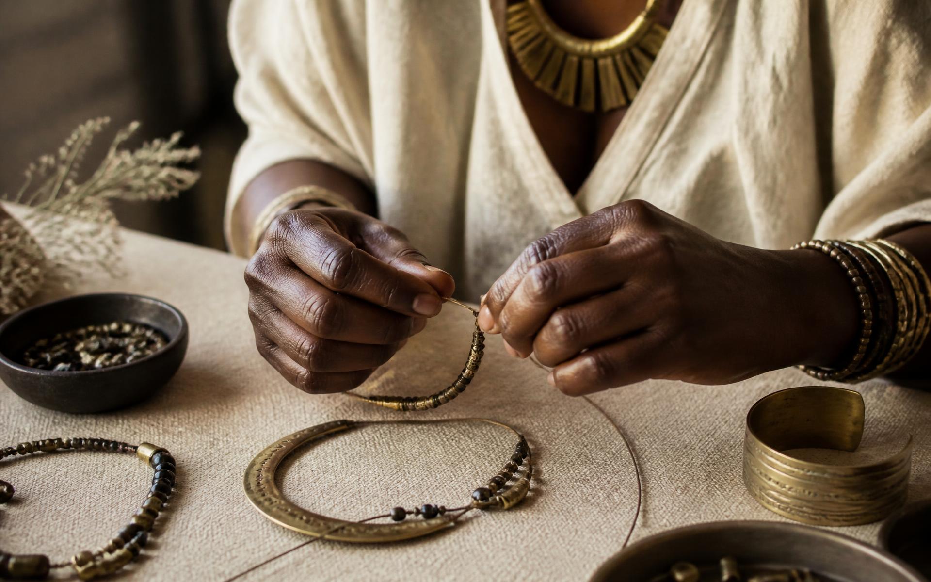 A Kenyan artisan threading brass and beaded jewellery by hand