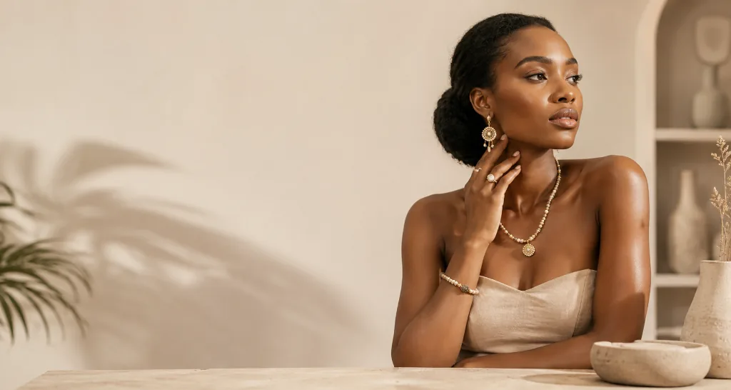 Woman wearing handcrafted gold and brass jewellery, beaded bracelet and pendant necklace
